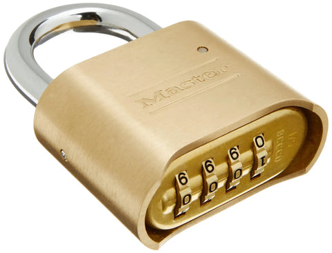 Resettable Four Digit Combination Padlock With Solid Brass Case And Hardened Steel Shackle For Tough Weather Resistant Beefed Up Security In Everyday Use Ideal For Home Office School Lockers Gates Sheds And Outdoor Gear, showing brass padlock with visible dials.