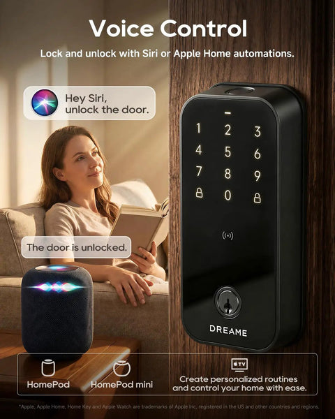 Premium Smart WiFi Door Lock Featuring Slick Fingerprint Keypad And Apple Home Key Compatibility For Smooth iPhone Unlocks in home environment.