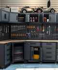Pro Grade Heavy Duty Garage Corner Storage Cabinet System With Workbench And Pegboard 15 Piece Set with tools and shelves