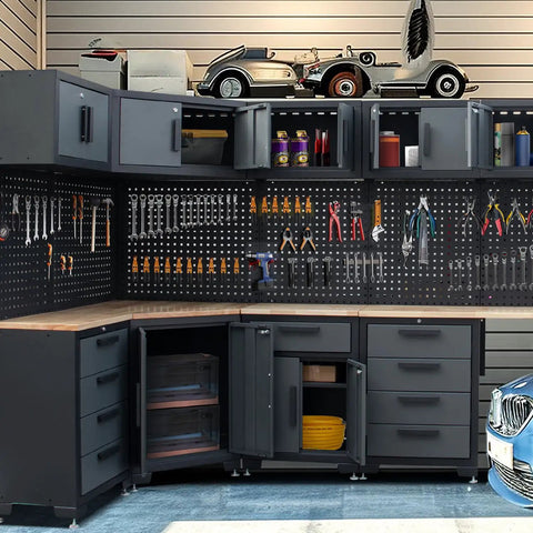 Pro Grade Heavy Duty Garage Corner Storage Cabinet System With Workbench And Pegboard 15 Piece Set with tools and shelves