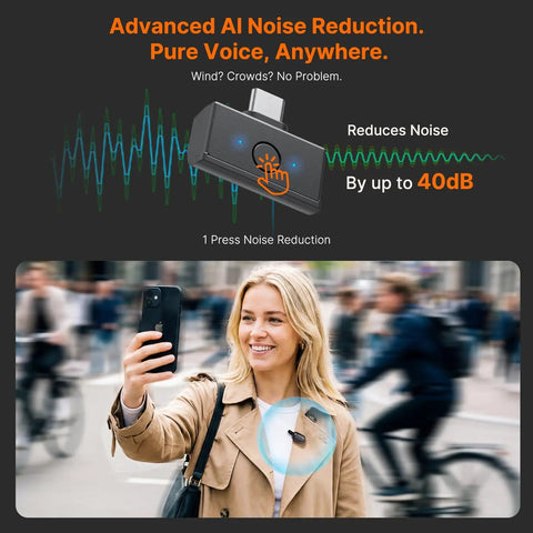 Air SE Wireless Mini Mic For iPhone And Android With AI Noise Cancellation Clip On Creator Mic used by woman recording vlog outdoors