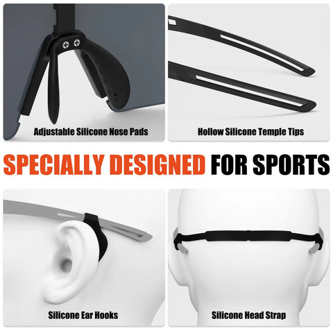 Polarized Cycling Glasses With Five Interchangeable Lenses For MTB And Running Sports, silicone nose pads, ear hooks, head strap.