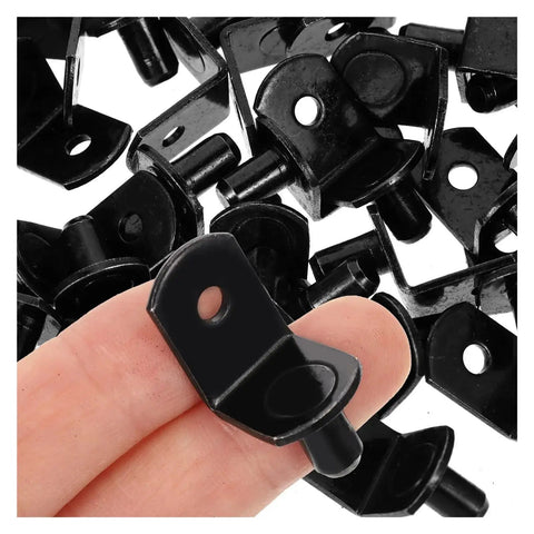 Heavy Duty L Shape Shelf Pegs for cabinets and wood shelves in close-up, nickel-plated iron supports shown individually