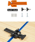 Woodworking Cutting Guide With Bidirectional Scale And Dual Locking Sliders shown on T Track Workbench with installation parts