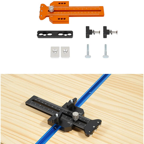 Woodworking Cutting Guide With Bidirectional Scale And Dual Locking Sliders shown on T Track Workbench with installation parts