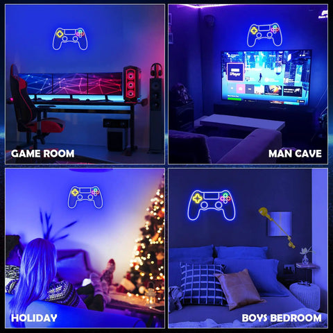 Neon Game Controller LED Sign for gaming room decor in game room, man cave, holiday setting, and boys' bedroom.
