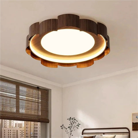 Top Shelf Wood Grain Led Ceiling Light Fixture, Solid Flush Mount With Mid Century Modern Vibe, Clean Minimalist Glow above a bedroom.