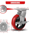 Six Inch Heavy Duty Industrial Casters Featuring Crowned Red Polyurethane Treads And Rock Solid Cast Iron Cores with dimensions displayed.