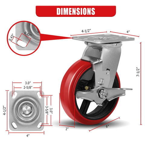 Six Inch Heavy Duty Industrial Casters Featuring Crowned Red Polyurethane Treads And Rock Solid Cast Iron Cores with dimensions displayed.