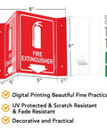 Fire Extinguisher Sign With Down Arrow, V-Shaped Acrylic Plastic, 3 Pack, 6 By 8 Inches, Four Pre Drilled Holes, Includes Matching Screws