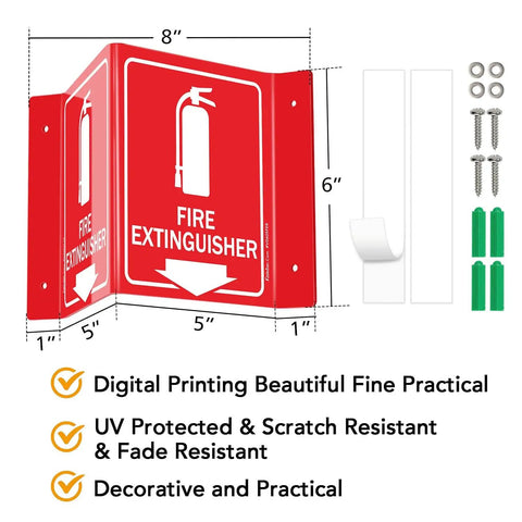 Fire Extinguisher Sign With Down Arrow, V-Shaped Acrylic Plastic, 3 Pack, 6 By 8 Inches, Four Pre Drilled Holes, Includes Matching Screws