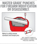 Illustration of 11 Piece Standard Punch Set With Pro Grade Heavy Duty Premium Steel Punches in use on red base for firearm modification.