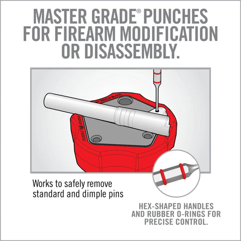 Illustration of 11 Piece Standard Punch Set With Pro Grade Heavy Duty Premium Steel Punches in use on red base for firearm modification.