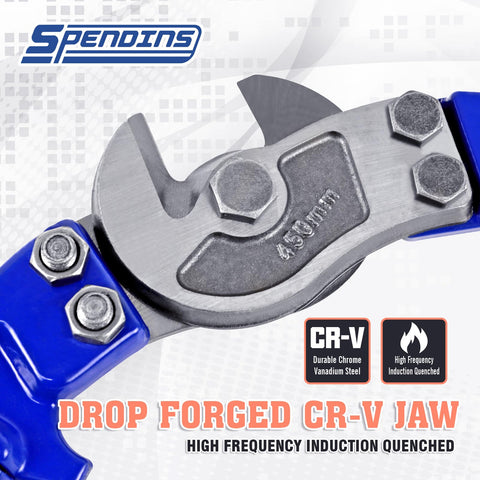 Close-up of Spendins wire cutter drop-forged jaw, showing CR-V jaw with high frequency induction quenched steel finish