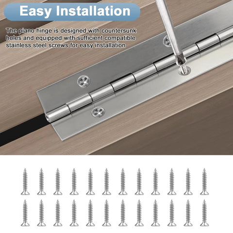 12 Inch Stainless Steel Piano Hinges 2 Pack With Countersunk Holes And 24 Stainless Steel Screws being installed on a cabinet.