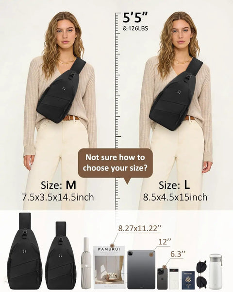Everyday Crossbody Bag For Men And Women With Convertible Shoulder Strap shown on model, sizes M and L, black.