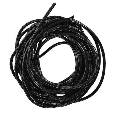Slick Black Spiral Cable Wrap Tube Ten Meter Cord Manager coiled for PCs and Home Office Setup to keep wires neatly stashed.