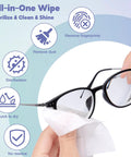 Front view: 200-pack Large Glasses Cleaner Wipes, pre-moistened and individually wrapped for eyeglasses and screens