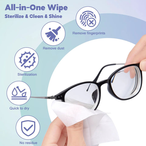 Front view: 200-pack Large Glasses Cleaner Wipes, pre-moistened and individually wrapped for eyeglasses and screens