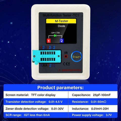 Ultimate LCR Meter And ESR Tester With Full Color TFT Display, showing diode test on screen with product parameters below.