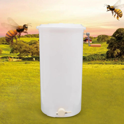 Two-Frame Manual Honey Extractor for Beekeeping, Durable Plastic Centrifuge Tool, White, Easy Grip S-Shaped Handle, Ideal for Home or Store Honey Harvesting, 15.75 by 28.35 Inches, front view
