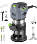 WORKPRO compact router kit with gray router, green dial, plus wrenches, bits, stand, and guide.