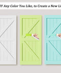 42 Inch By 84 Inch Sliding Barn Door Kit With 7 Ft Hardware Track Included Heavy Duty Water Resistant Anti Scratch White MDF Wood Door DIY Friendly Easy Install K Frame in white, green, and blue colors.