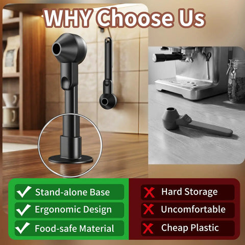 One-Handed Scoop With Funnel For Ground Coffee Protein Powder And Tea, 2 Tbsp Mess Free Pour, Spill Proof Funnel Keeps Spills In Check, Reusable K Cup Refiller Compatible, Black, 1 Pack on kitchen counter and wall mounted