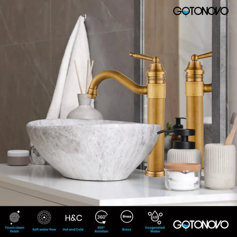 Antique Brass Bathroom Vessel Sink Faucet With Long Reach Single Handle Deck Mounted Mixer Tap For 1 Hole Installation Pop Up Drain Filtered Spout Rust Resistant Brass Construction Easy Hot And Cold Control on marble countertop with decor.