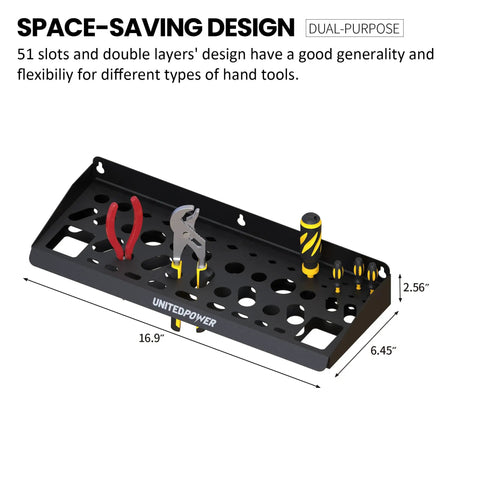 Wall Mount Tool Storage Rack With 51 Tool Holes For Screwdrivers, Wrenches, Pliers And More, shown with dimensions