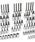 66-Piece Master Torx and Specialty Bit Socket Set with S2 Steel Bits, chrome vanadium socket bodies, vertical knurling visible.