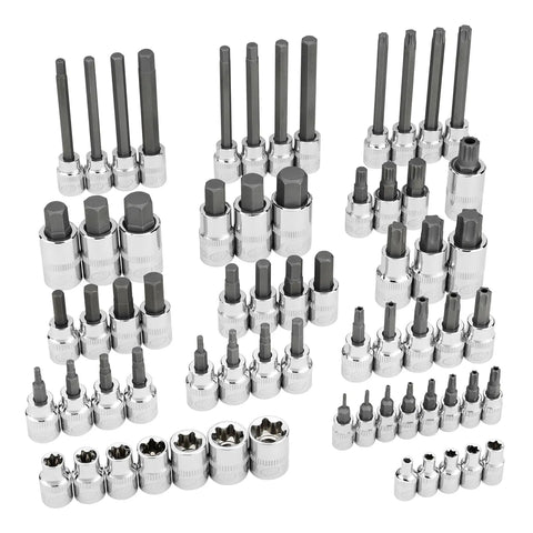 66-Piece Master Torx and Specialty Bit Socket Set with S2 Steel Bits, chrome vanadium socket bodies, vertical knurling visible.