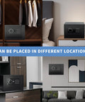 Built Tough Digital Money Safe With Keypad Lock Box shown in various home and office settings for jewelry and cash security
