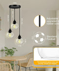 Three Light Pendant Light With Clear Glass Shades, Matte Black Finish, Adjustable Height Industrial Retro Ceiling Hanging Lamp For Your Kitchen Island And Bedroom, E26 Base Compatible, Bulb Not Included, No Fuss.