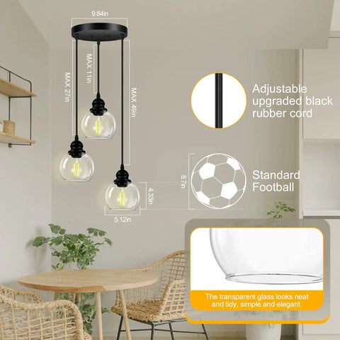 Three Light Pendant Light With Clear Glass Shades, Matte Black Finish, Adjustable Height Industrial Retro Ceiling Hanging Lamp For Your Kitchen Island And Bedroom, E26 Base Compatible, Bulb Not Included, No Fuss.
