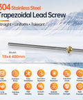 Two Pack 400MM Tr8X4 Lead Screw Kit With Precision Brass Nut Stainless Steel Acme Rod mounted against icy landscape.