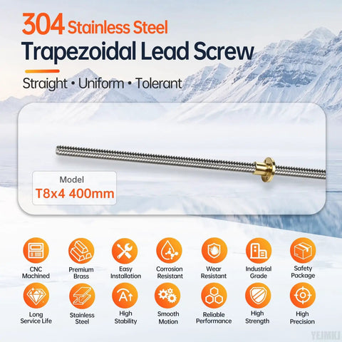 Two Pack 400MM Tr8X4 Lead Screw Kit With Precision Brass Nut Stainless Steel Acme Rod mounted against icy landscape.