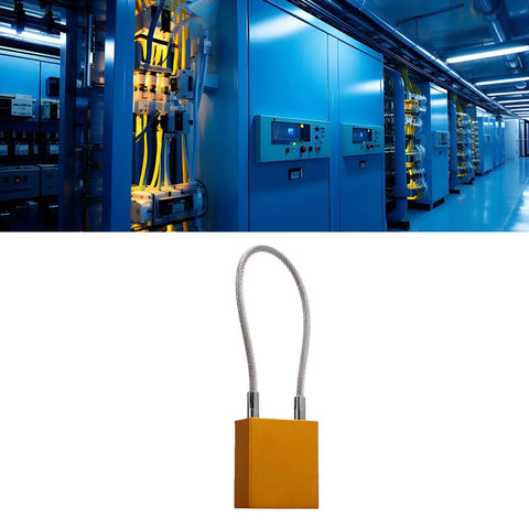 Heavy Duty Steel Cable Safety Lock with Instant Locking, visible with an aluminum lockout padlock in an industrial setting.