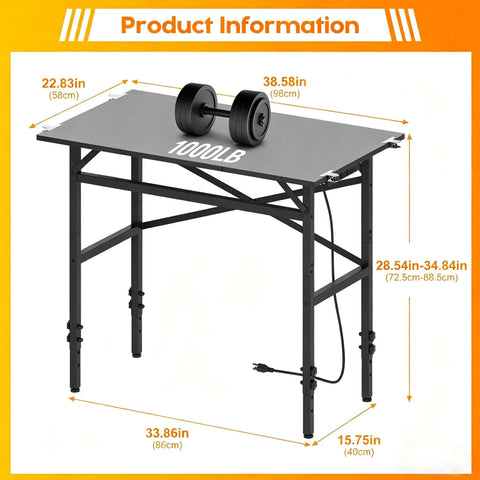 Space Saving 1000 Pound Metal Work Bench For Garage With 38.58 Inch Adjustable Height Table And Built In Power Strip viewed from side