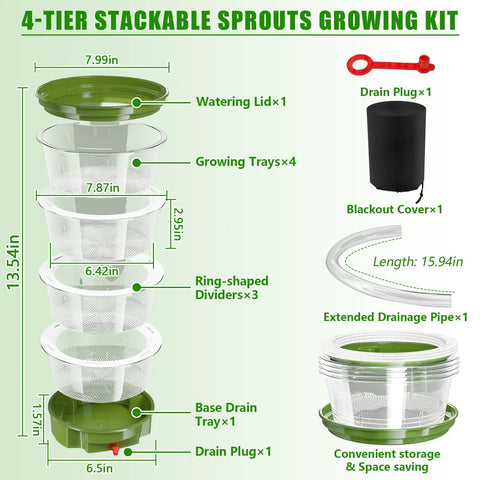 4-Tier Sprouts Growing Kit With Drain Hose And Ventilation Holes, Stackable Microgreens Sprouting Trays With Blackout Cover