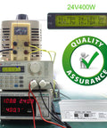 Rugged 400W IP67 Waterproof LED Driver Power Supply 90-140V AC To 24V DC 16.6A with 3-prong plug showcased with testing equipment