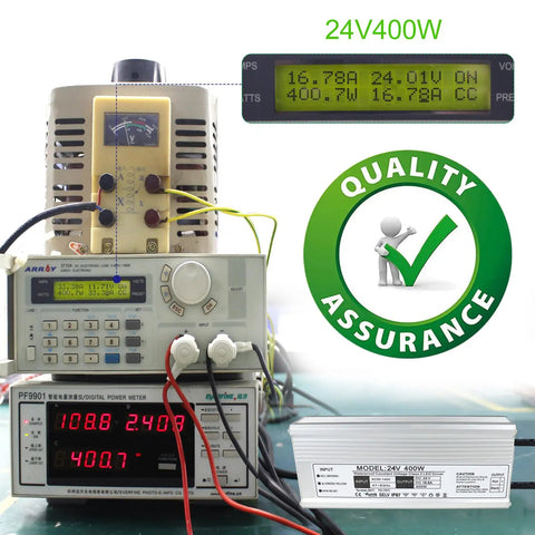 Rugged 400W IP67 Waterproof LED Driver Power Supply 90-140V AC To 24V DC 16.6A with 3-prong plug showcased with testing equipment