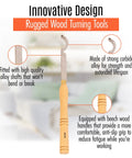 Pro Grade Carbide Wood Turning Tools For Lathe, single tool showing beech handle, strong carbide alloy, rugged design, text highlights