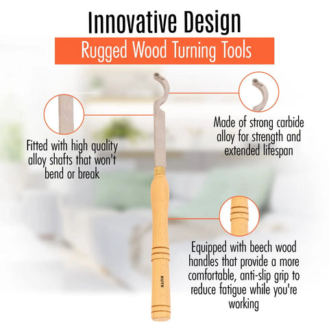 Pro Grade Carbide Wood Turning Tools For Lathe, single tool showing beech handle, strong carbide alloy, rugged design, text highlights