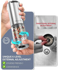 Electric Pepper Grinder Stainless Steel Rechargeable With External Coarseness Dial 95ml Capacity White LED Light Silver Finish