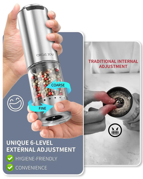 Electric Pepper Grinder Stainless Steel Rechargeable With External Coarseness Dial 95ml Capacity White LED Light Silver Finish