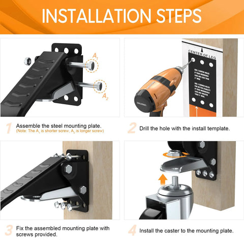 Installation steps for Heavy Duty Retractable Workbench Casters Set Of 4 Side Mount 3 Inch Stepdown Castor Wheels with template.