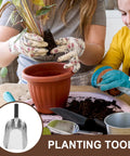 Stainless Steel Garden Hand Trowel Go To Transplanting And Soil Loosening Tool Small Square Shovel in use for planting indoors.