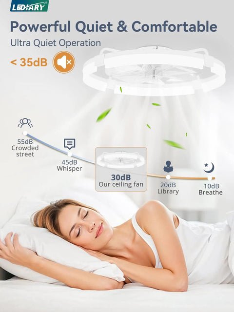 Straight Up Silent 24 Inch Low Profile Fandelier With App And Wireless Remote in a calm bedroom setting.
