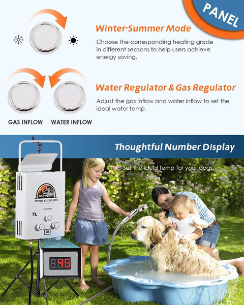 Portable 7L Propane Gas Water Heater With 1.85 GPM Tankless Instant Hot Water For Outdoor Shower RV Camping Cabin Boat White, showing controls and panel information.